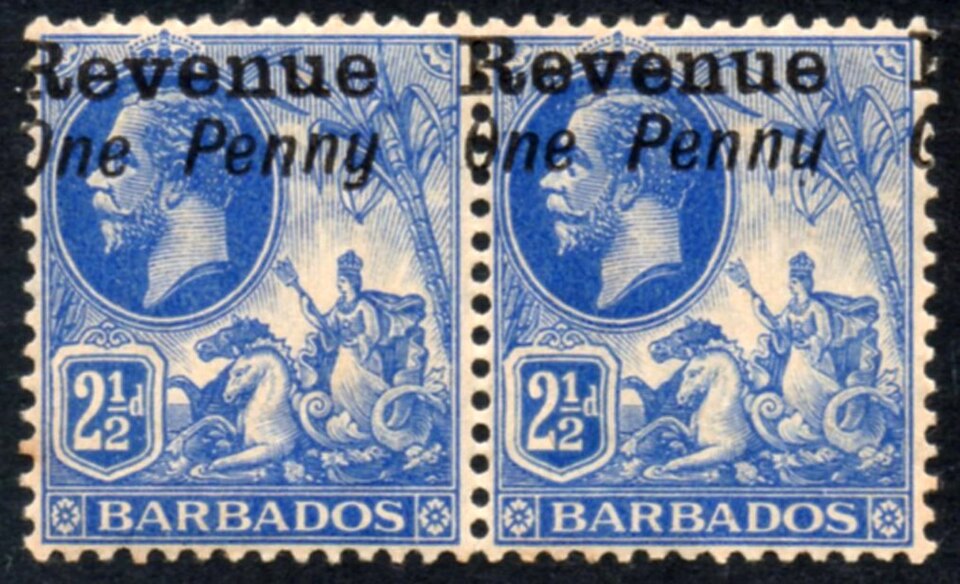 Barbade, 1916 : Timbres surchargés à usage fiscal avec une queue manquante au « y » de « Penny »