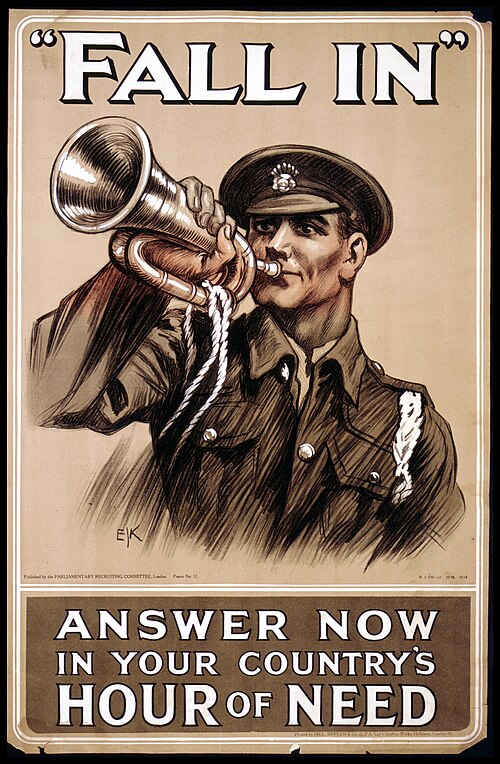 Un soldat sonne du clairon. L'affiche dit : « Répondez maintenant aux appels du ciel dans l'heure où votre pays est dans le besoin. »