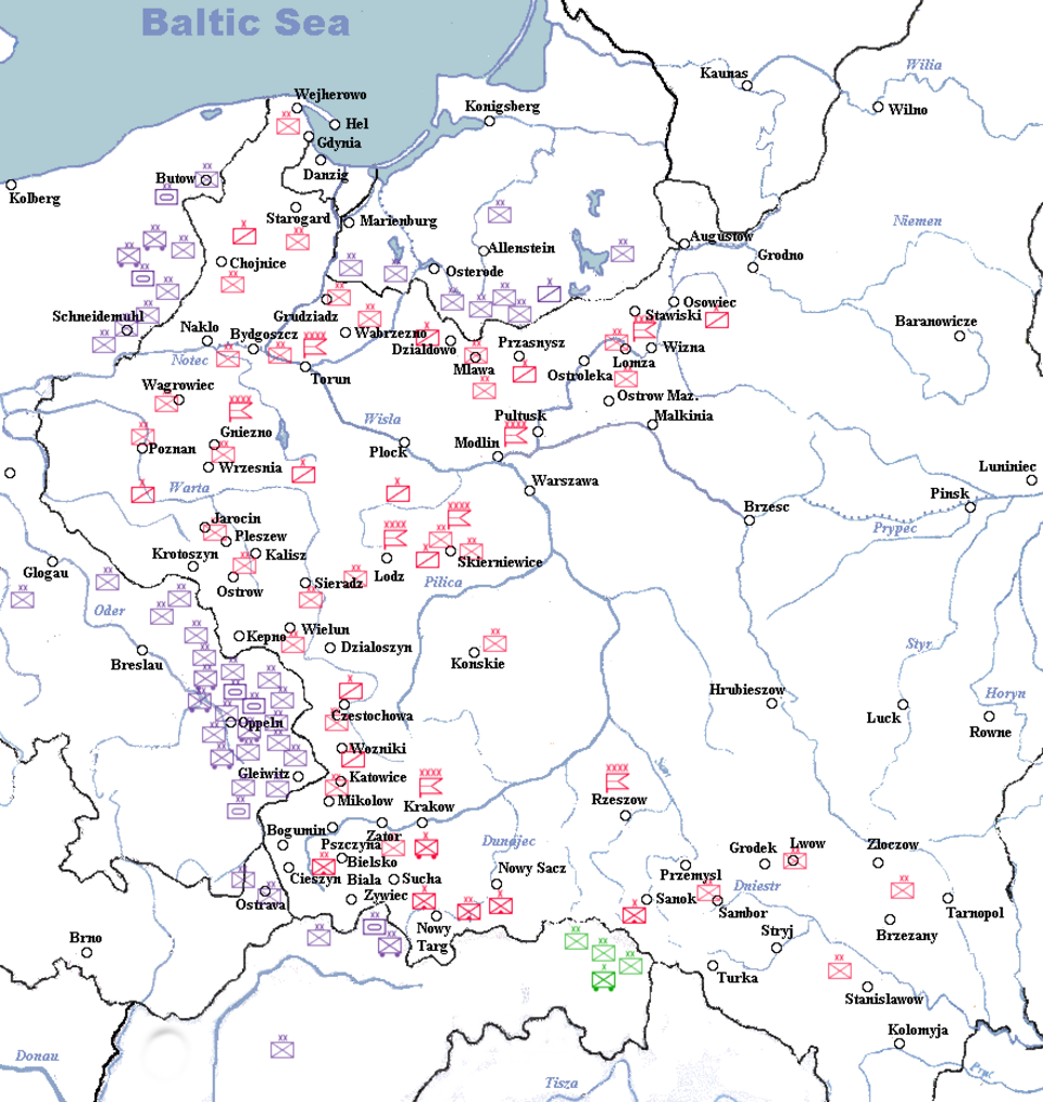 Carte montrant le déploiement des divisions allemandes, polonaises et slovaques le 1er septembre 1939, juste avant l'invasion allemande.