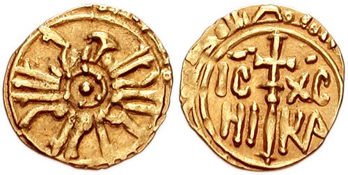 Croix « ΙϹ ΧϹ ΝΙΚΑ » sur l'avers d'une pièce de monnaie sicilienne du XIIe siècle (Roger II)
