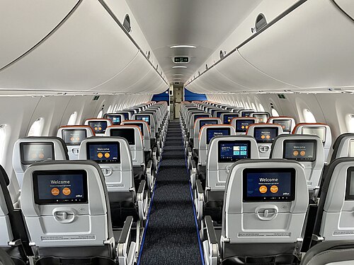 L'intérieur d'un avion est représenté, avec deux sièges par rangée à gauche et trois sièges par rangée à droite. Chaque siège dispose également d'un écran de télévision individuel devant lui. La palette de couleurs générale est le gris.