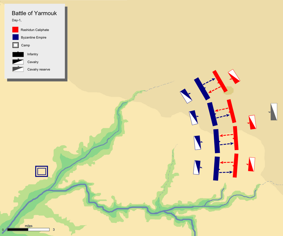 Carte des combats du premier jour, montrant les attaques limitées de l'armée byzantine.