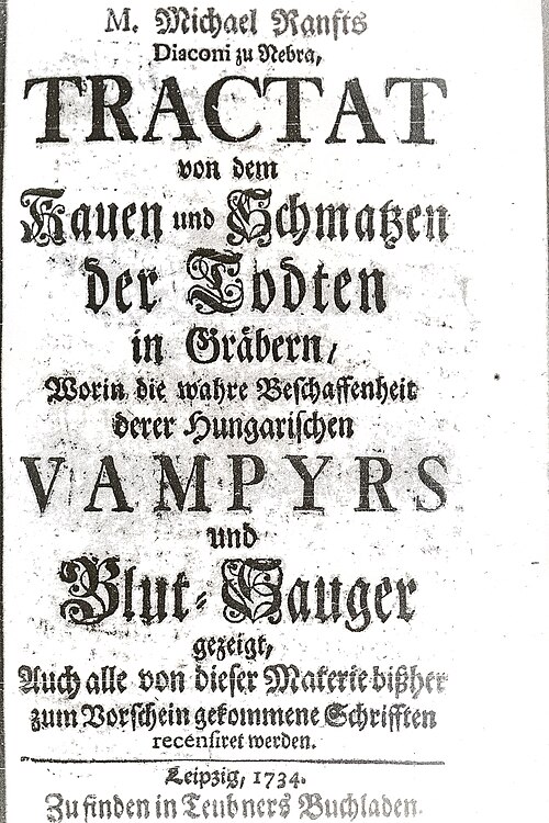 Première page du Tractat von dem Kauen und Schmatzen der Todten à Gräbern (1734), ouvrage de vampirologie de Michael Ranft