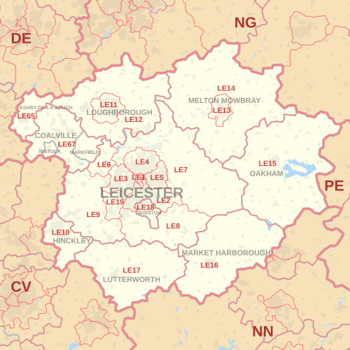 Carte de la zone de code postal LE, indiquant les districts postaux, les villes postales et les zones de code postal voisines.