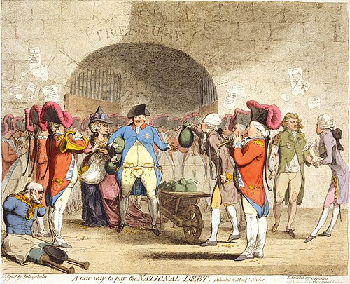 Dans une caricature de James Gillray de 1786, les sacs d'argent abondants remis au roi George III sont contrastés avec le mendiant dont les jambes et les bras ont été amputés, dans le coin gauche.