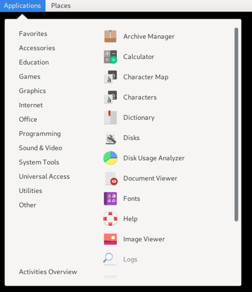 Menu dans GNOME Classic