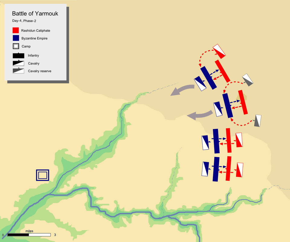 Jour 4, phase 2, montrant l'attaque de flanc de Khalid sur le centre gauche byzantin avec sa garde mobile.