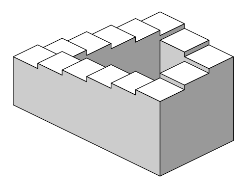 Escalier de Penrose – créé par Oscar Reutersvärd et plus tard conçu et popularisé indépendamment par Lionel Penrose et son fils mathématicien Roger Penrose.[4] Variante du triangle de Penrose, il s'agit d'une représentation bidimensionnelle d'un escalier dans lequel les escaliers font quatre virages à 90 degrés lorsqu'ils montent ou descendent, tout en formant une boucle continue, de sorte qu'une personne pourrait les gravir pour toujours et ne jamais aller plus haut.