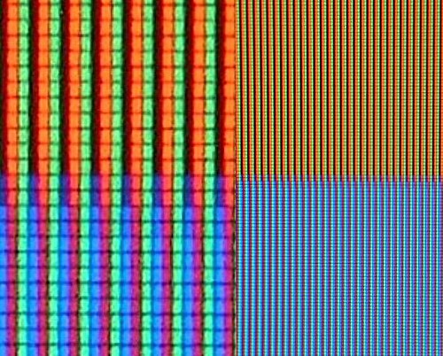 De minuscules sous-pixels rouges, verts et bleus (agrandis sur le côté gauche de l'image) créent les couleurs que vous voyez sur l'écran de votre ordinateur et de votre téléviseur.