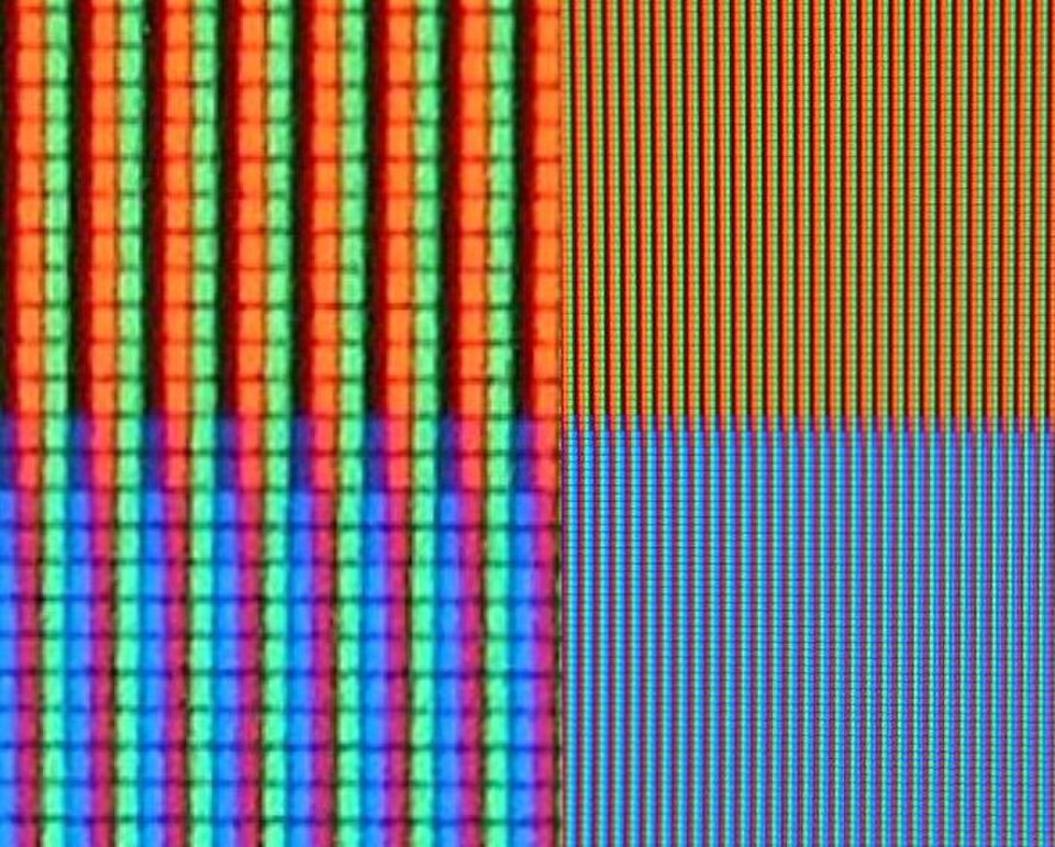 De minuscules sous-pixels rouges, verts et bleus (agrandis sur la gauche de l'image) créent les couleurs que vous voyez sur votre écran d'ordinateur et votre téléviseur.
