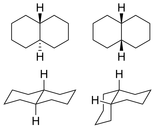 La décaline (décahydronaphtalène), le dérivé entièrement saturé du naphtalène, montrant les deux stéréochimies possibles pour « fusionner » les deux cycles ensemble, et comment cela impacte les formes disponibles pour ce composé bicyclique (non aromatique).