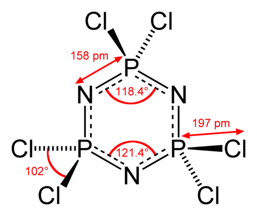 Hexachlorophosphazène, un composé hétérocyclique inorganique à 6 chaînons (aromatique).