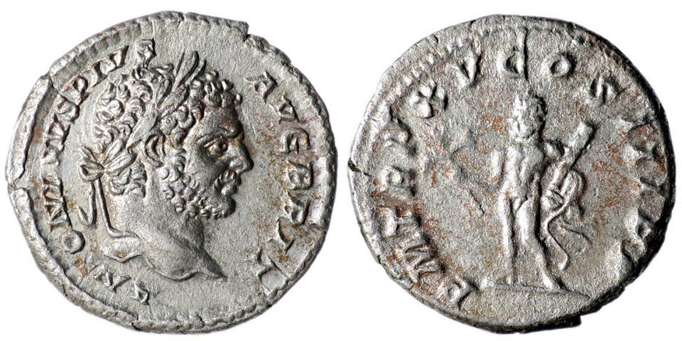 Hercule, tel qu'il apparaît sur un denier de l'empereur romain Caracalla. Daté de 212 ap. J.-C.
