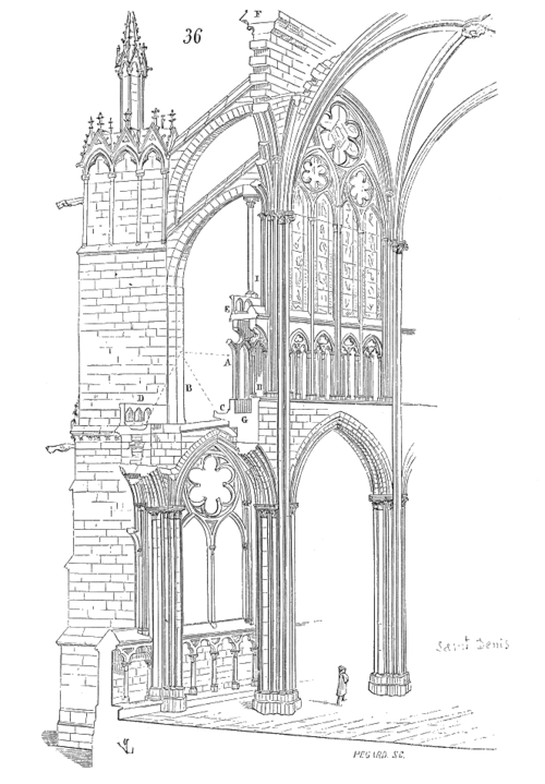 Fenêtres pointues, colonnades et voûtes gothiques de l'abbaye de Saint-Denis, Paris, dessinées par Eugène Viollet-le-Duc