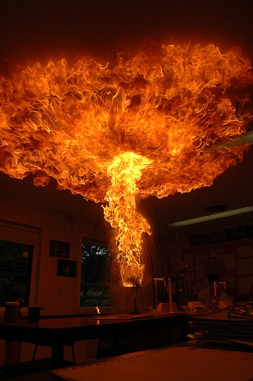 Une colonne de feu jaillit d'une casserole et se propage sur le plafond au-dessus.
