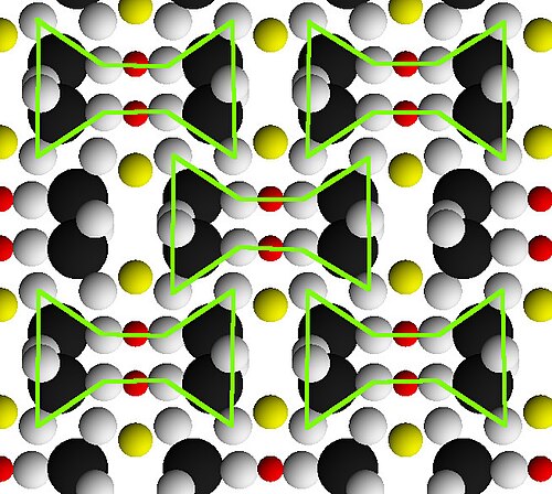 Structure du pyroxène vue le long des chaînes de silice. Les « poutres en I » sont délimitées en vert. Les ions silicium sont surdimensionnés pour mettre en valeur les chaînes de silicium.