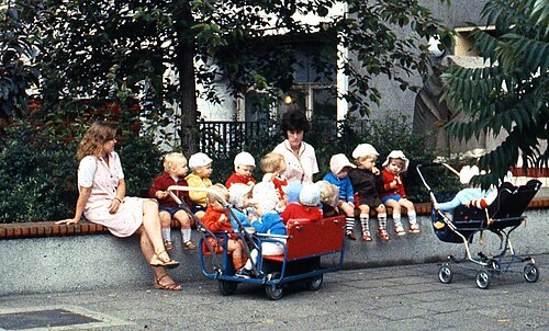 Nounous de Berlin-Est, avec poussettes à plusieurs places en 1984