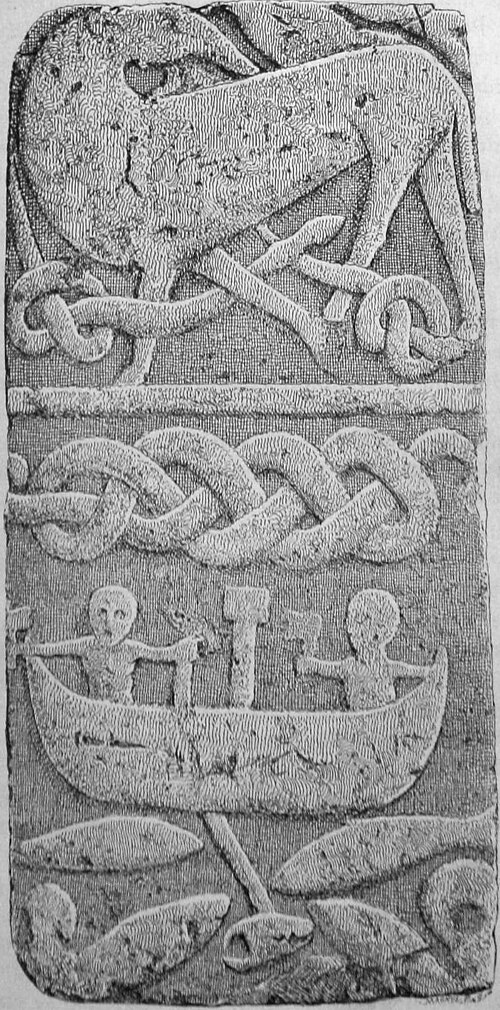 Gravure d'un panneau de pierre, peut-être une partie de la deuxième croix, montrant Thor en train de pêcher.