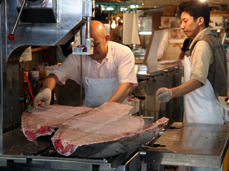 Thon coupé en deux pour être transformé au marché aux poissons de Tsukuji