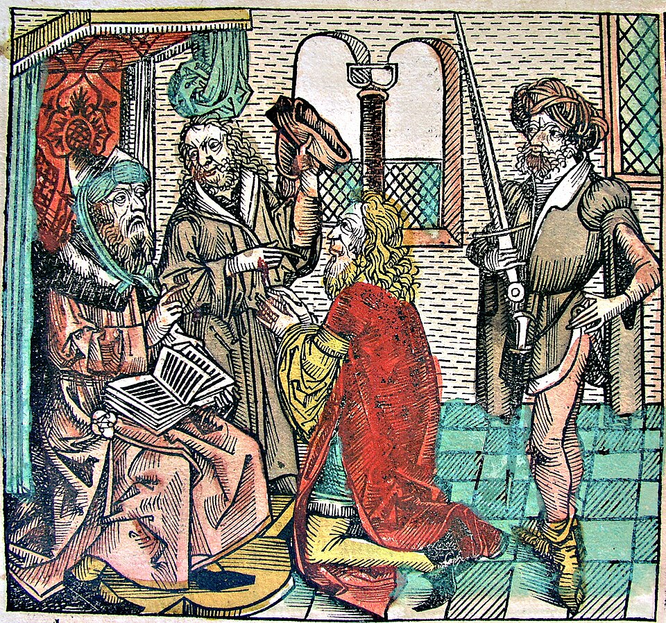 Mahomet, assis à gauche, lisant peut-être le Coran, tel que représenté dans la Chronique de Nuremberg du XVe siècle.