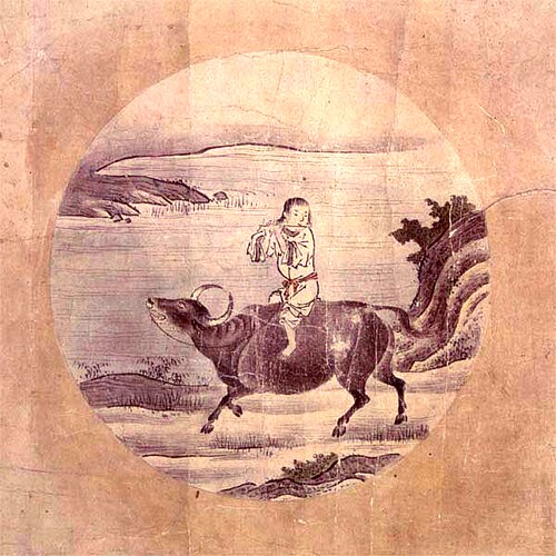 6. Je rentre chez moi en chevauchant le taureau. Je rentre lentement chez moi en montant le bœuf. La voix de ma flûte résonne dans la soirée. Mesurant avec mes mains l'harmonie pulsatoire, je dirige le rythme sans fin. Quiconque entend cette mélodie se joindra à moi. [web 8]