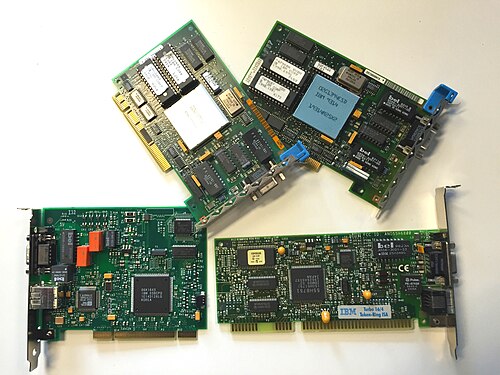 Cartes d'interface réseau Token Ring (NIC) avec différentes interfaces : ISA, PCI et Micro Channel