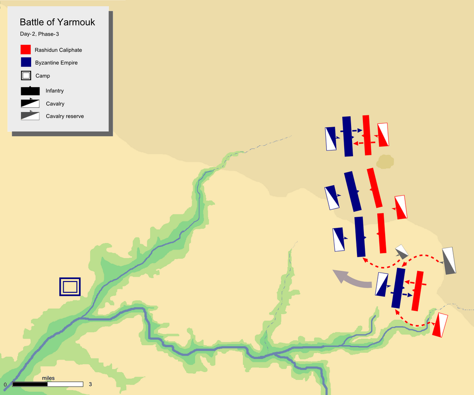 Carte de bataille du jour 2, phase 3, montrant l'attaque de flanc de Khalid sur le flanc droit byzantin avec sa garde mobile.