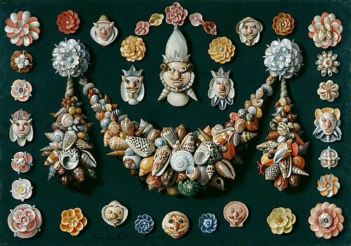 Feston, masques et rosaces en coquillages, par Jan van Kessel l'Ancien, XVIIe siècle, couleur sur cuivre, Fondation Custodia, Paris