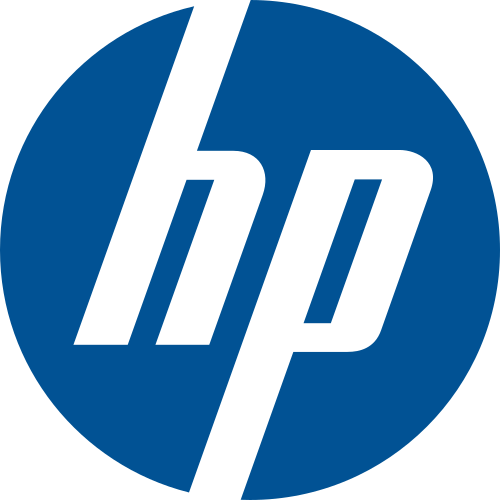 Un cercle bleu foncé avec les lettres italiques stylisées « hp » dessus