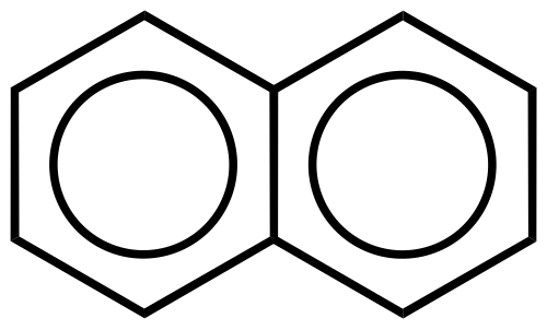 Le naphtalène, techniquement un composé polycyclique, plus précisément un composé bicyclique, avec des cercles montrant la délocalisation des électrons π (aromatique).