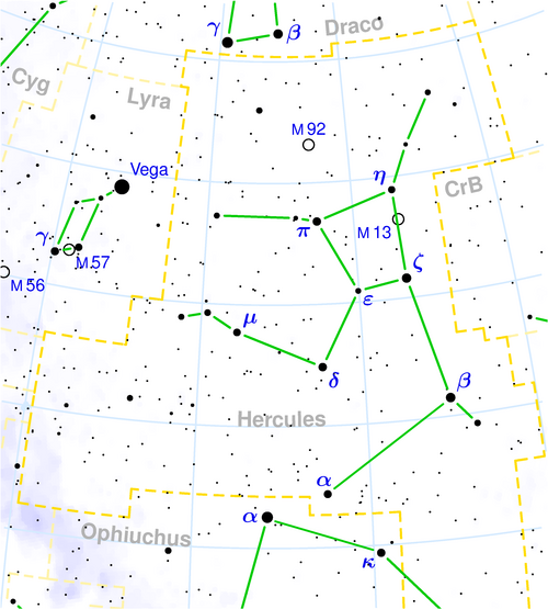 M13 se trouve dans « l'aisselle » de la constellation d'Hercule.