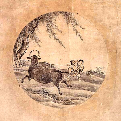 4. Je saisis le taureau dans une lutte terrible. Sa grande volonté et sa puissance sont inépuisables. Il charge vers le haut plateau bien au-dessus des brumes nuageuses, ou dans un ravin impénétrable il se tient.