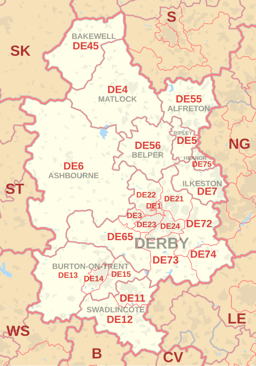 Carte des zones de codes postaux DE, montrant les districts postaux, les villes postales et les zones de codes postaux voisines.
