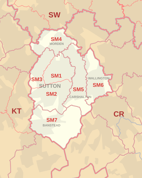 Carte des zones de codes postaux SM, indiquant les districts postaux, les villes postales et les zones de codes postaux voisines.
