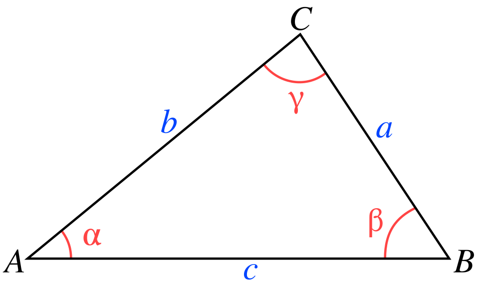 Triangle avec annotations pour les points, les côtés et les angles