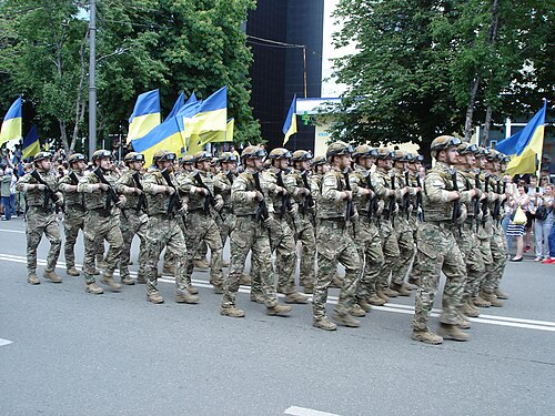 Des soldats de la Garde nationale ukrainienne portant des MultiCam lors d'un défilé militaire
