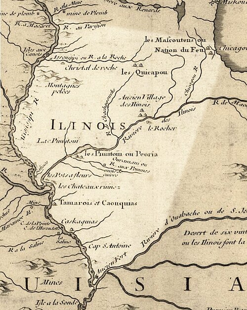 Tamarois et Caouquias sur une carte française de l'Illinois en 1718, au sud du confluent des rivières Illinois et Mississippi (superficie approximative de l'État moderne mise en évidence) d'après la Carte de la Louisiane et du Cours du Mississipi de Guillaume de L'Isle