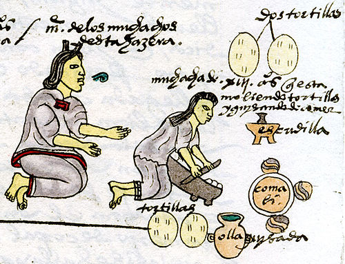 Mère aztèque apprenant à sa fille à faire des tortillas. Codex Mendoza.