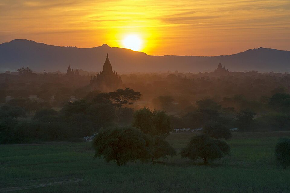 Plaines de Bagan au coucher du soleil