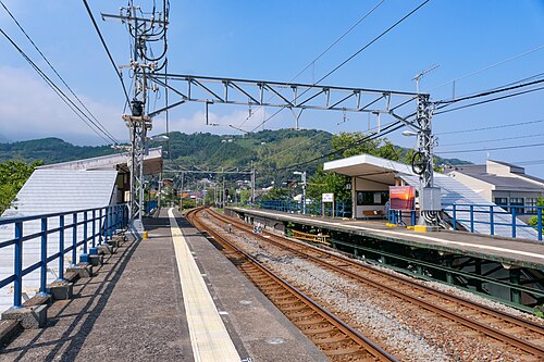 Vue de la gare de Katase-Shirata (Japon), un exemple où la ligne est principalement à voie unique, mais il est possible que les trains se croisent à la gare.