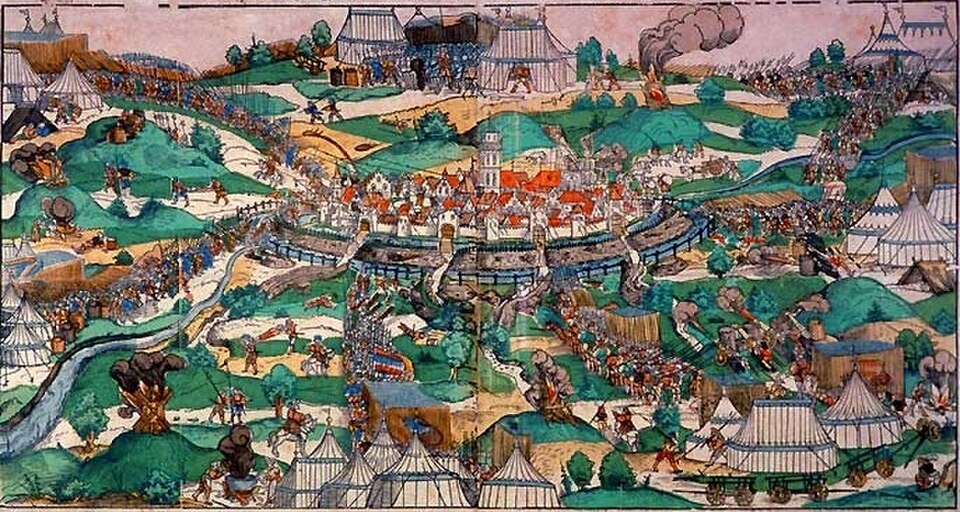 Une ville fortifiée sur une rivière, entourée de soldats