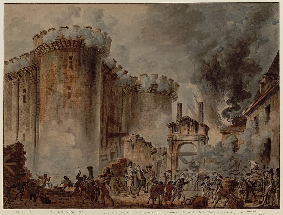 Dessin représentant la prise de la Bastille le 14 juillet 1789, la fumée des canons enveloppant le château de pierre