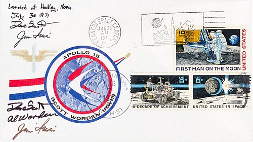 Enveloppe avec logo de la mission, trois timbres et deux cachets postaux