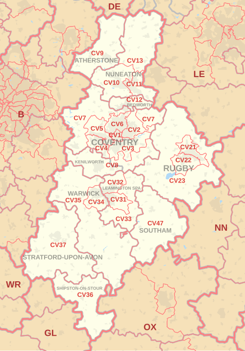 Carte des zones de codes postaux CV, indiquant les districts postaux, les villes postales et les zones de codes postaux voisines.
