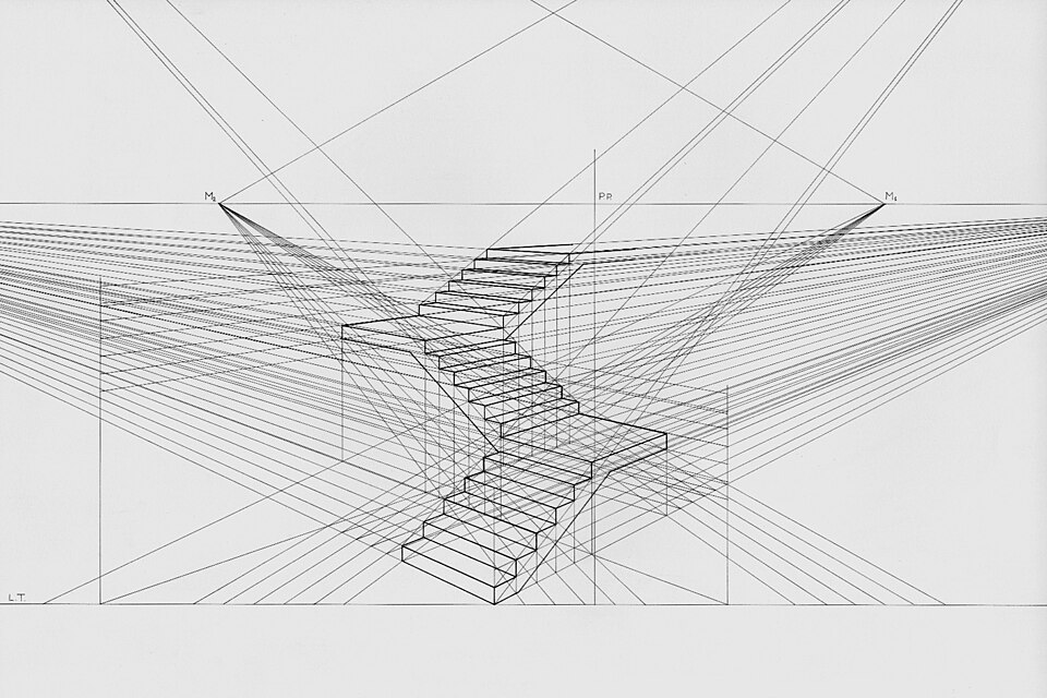 Escalier en perspective multipoints. Chaque point est un point de fuite à partir duquel partent des lignes droites, et ces lignes servent de guide pour dessiner l'objet en trois dimensions.