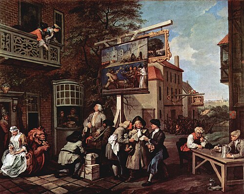 Peinture de William Hogarth, représentant une grande enseigne de vente au détail en surplomb, XVIIIe siècle