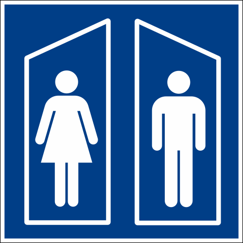 Symbole de toilettes avec une personne avec une jupe et une sans, dans des compartiments séparés.