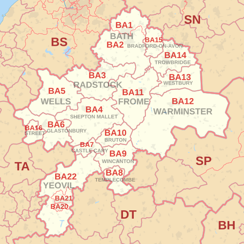 Carte des zones de codes postaux BA, montrant les districts postaux, les villes postales et les zones de codes postaux voisines.