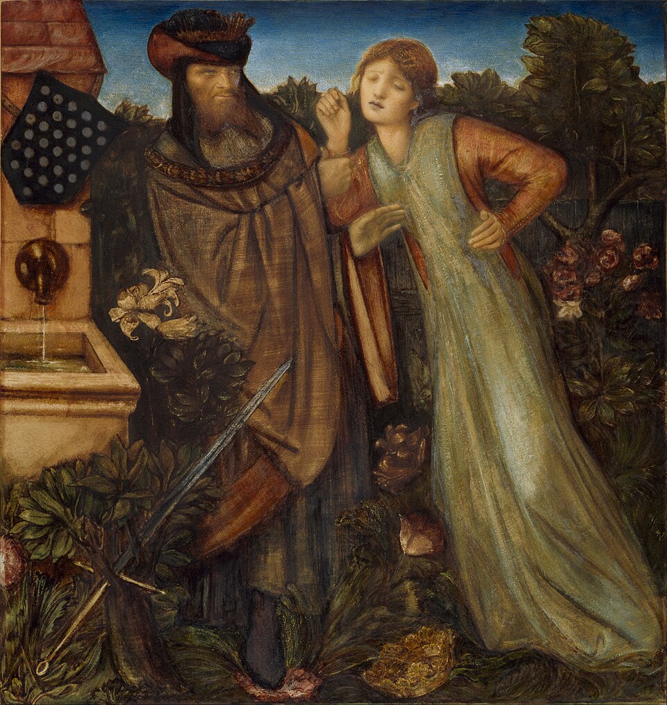 Peinture du XIXe siècle représentant un homme âgé et une jeune femme