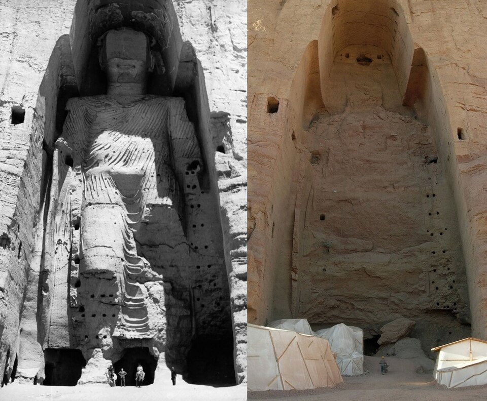Taller Buddha of Bamiyan, c. 547 CE, in 1963 and in 2008 after they were dynamited and destroyed in March 2001 by the Taliban in Afghanistan